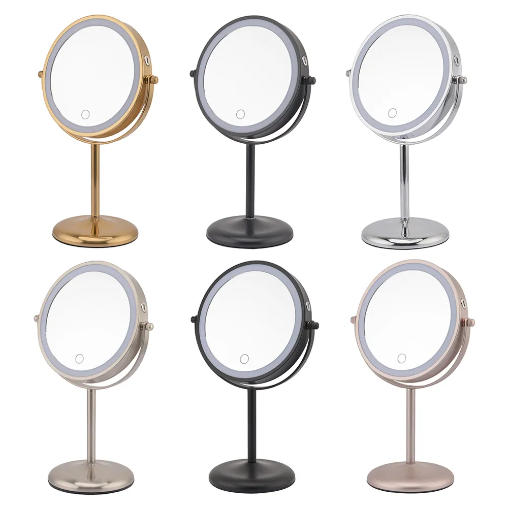 Pantalla táctil de lujo personalizable, 3 colores, soporte de escritorio giratorio, espejos de tocador con aumento de Metal, espejo de maquillaje con luz Led