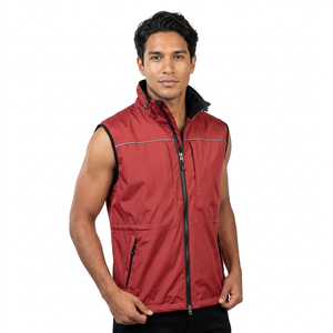 Men's Red Sleeveless Vest <b>Stand</b> Collar Zipper Closure Windproof Casual Outer Wear Winter Solid Color Polyester Material - Product Image 1