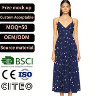 Robe midi plissée à pois bleu marine pour femme, col en V, bretelles spaghetti, jupe fluide, tenue élégante rétro pour l'été, la plage ou les soirées
