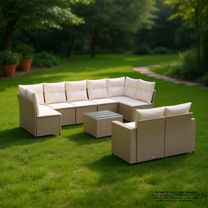 Ensemble de canapés de jardin en rotin beige avec structure en acier et verre trempé, mobilier d'extérieur pour patio et balcon - Product Image 2