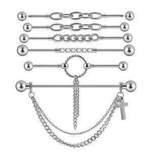 Pendientes colgantes desmontables con doble orificio para la oreja, barra cruzada, acero inoxidable, circón, colgante, doble cadena, Diseño de barra Industrial - Product Image 1