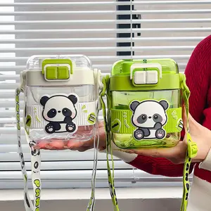 Seaygift square funny panda baby double drink plastic sippy cup BPA free tritan children sports portable water bottle