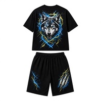 Ensemble T-shirt et short surdimensionné respirant pour homme, motif loup électrique, 100 % coton, style streetwear, deux pièces