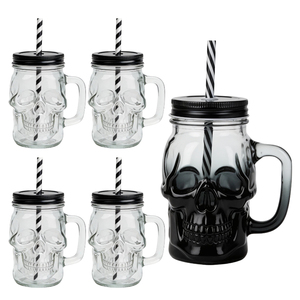 Venta al por mayor: Vaso de vidrio reutilizable de 16 oz con <span class=keywords><strong>boca</strong></span> ancha, diseño de calavera, tipo Mason Jar, taza de cerveza, botella de vidrio con asa - Product Image 6