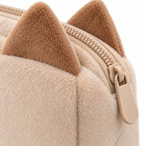 Cute Portable <b>Makeup</b> Tool Organizer Triangle Ear Plush Pouch Zipper Elastic Brush Slots Oat Caramel Wash <b>Bag</b> Custom Logo Gift - Product Image 2