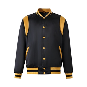 แจ็คเก็ตบอมเบอร์แบบวาร์ซิตี้สีดำทองเหลืองพร้อมกระดุมแป๊ก  คอปก แขนเสื้อ และชายเสื้อแบบถักลายทาง  แจ็คเก็ตเลตเตอร์แมนแบบขายส่ง - Product Image 1