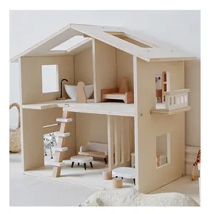 2022 new children's play house toys solid wood color doll house wooden simple 2 storey small dollhouse toy for kids