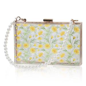 Bolso de Mano Personalizado con Estampado Floral, Forma de Caja, Bolso Cruzado con Cadena de Perlas, Bolso de Mano Cuadrado - Product Image 2