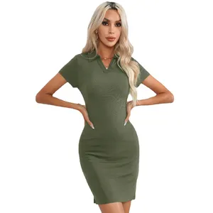 Gaun Polo kerah warna Solid gaun ketat bokong musim panas gaun Bodycon lengan pendek wanita seksi 2024 untuk wanita Logo kustom