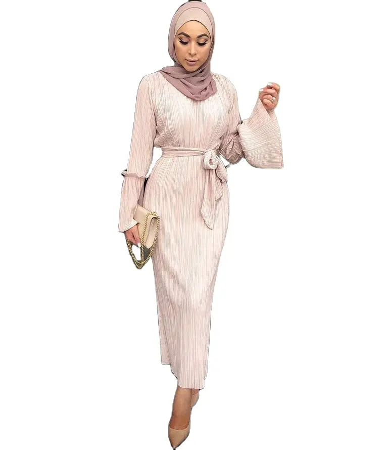 最新のイスラム教徒のファッションデザインドバイカフタンプリーツアバヤレディースマキシイスラム教徒のドレス卸売