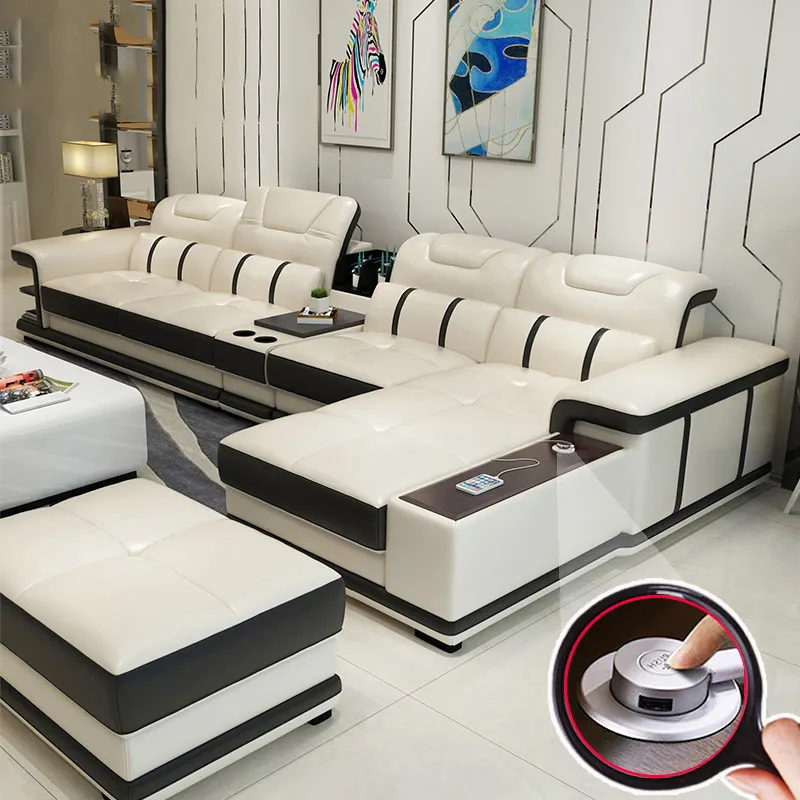 2023 cheap living room furniture sofas sectionals L shape leather sofa set with customize material function table
