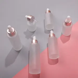 Bening Beku 30Ml Botol Penitis Kaca Silinder Bahu Datar dengan Penitis Rose Gold untuk Minyak Esensial Serum