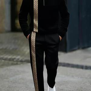 男士复古开链长袖衬衫速干数码印花休闲条纹户外运动街头服饰 2 件套 - Product Image 1