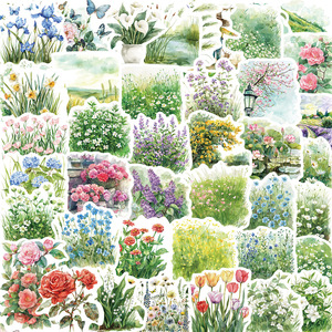 50PCS <span class=keywords><strong>Acuarela</strong></span> primavera paisaje floral planta verde flor mixta lavanda tulipán girasol pegatina - Product Image 1