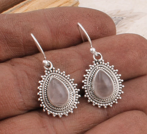 Pendientes de cuarzo estilo bohemio de Plata de Ley 925, pendientes de aro grabados de trabajo en forma de pera de cuarzo rosa Natural como regalo - Product Image 1