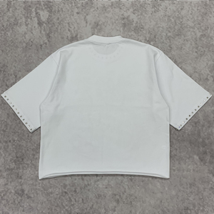 เสื้อยืดโอเวอร์ไซส์ทรงครอปพิมพ์ลายกราฟิกตามสั่งสำหรับผู้ชาย ผ้าคอตตอนหนา 220gsm ทรงหลวมไหล่ตก ประดับคริสตัล - Product Image 2