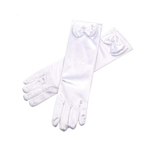 Guantes largos de satén blanco con lazo y perlas para niñas, accesorio de disfraz - Product Image 1