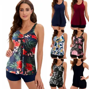 Tankini Swimsuits For Women Two Piece Bathing Suits Floral Print Tank Top with Bodyshorts Tummy Control Swimming Suits