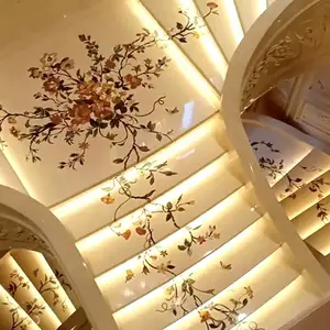 SL Luxury Villa Hotel Escalera personalizada Crema Mármol Escalera Mármol Chorro de agua Piso Escaleras Patrón de flores