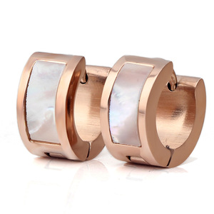 Rose Gold Huggie Earrings 7mm Shell Inlaid Geometric Design For Women Party Jewelry Stainless Steel <b>Post</b> - Product Image 1