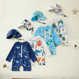 Maillot de <span class=keywords><strong>bain</strong></span> une pièce pour garçons pour les vacances d'été 2026 à la plage : Maillot de <span class=keywords><strong>bain</strong></span> pour enfants à demi-boutonnage + Chapeau 0-5 ans - Product Image 1
