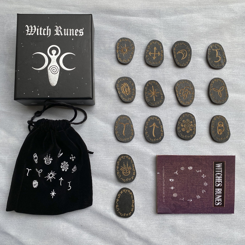 Engraved Wood Runes Stone Set - 13 PCS Witch Rune Symbols for