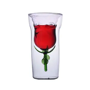 Уникальный креативный подарок на День Святого Валентина стеклянная чашка с двойными стенками, изолированная стеклянная кружка мартини в форме цветка розы с зеленым листом