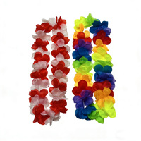 Kalung Bunga Lei Hawaii dari Plastik Tebal dan Padat, Warna Merah, Putih & Pelangi untuk Souvenir Pesta Pantai