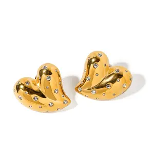 New Design Personality Style 18K Gold Stainless Steel Earring Heart Diamond Fashion Jewelry Earrings Colorfast Earrings Women