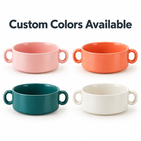 Bol en céramique à double poignée, couleur unie brillante, bol à soupe empilable, bol de service en céramique, couleur et motif personnalisés, OEM ODM, vente en gros