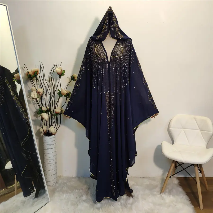 Ả Rập Dubai Trang Phục Khiêm Tốn Phụ Nữ Hồi Giáo Váy Thêu Bat Tay Áo Màu Rắn Abaya
