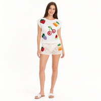 Haut en tricot artisanal personnalisé OEM & ODM pour femme, blanc, motif fraise, col rond, manches courtes, appliqué, en acrylique, mode estivale chic, vente en gros