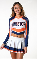 Jupe de cheerleading de qualité supérieure, niveau professionnel, marine et orange, avec strass |   Tenue de performance à manches longues anti-humidité pour service OEM