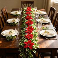 Guirlande de Noël artificielle en poinsettia rouge, guirlande de feuilles de houx de 205 cm avec boucles de suspension, décoration pour cheminée et escalier