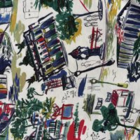 Tissu en tricot extensible en coton écologique à motif urbain imprimé numériquement et dessiné à la main, conception personnalisée, MOQ 1m