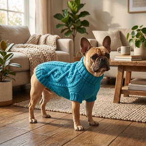 Pull pour chien en tricot torsadé bleu turquoise, col roulé, pull pour animaux de compagnie, doux et chaud, manteau pour <span class=keywords><strong>chiot</strong></span>, pour bouledogues <span class=keywords><strong>français</strong></span>, petits chiens - Product Image 1