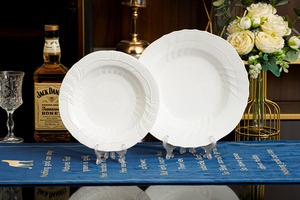 <b>White</b> Embossed Round Ceramic Plates And Bowls <b>Set</b> For Elegant Table Setting - Product Image 1