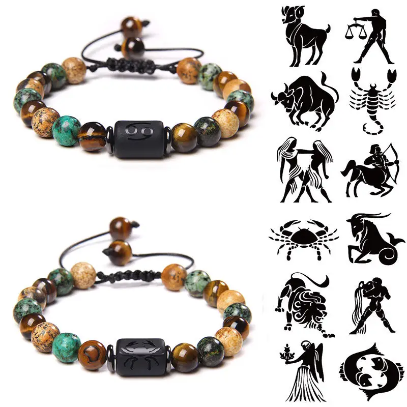 Pop Zodiac Bracelet Fashion Tiger Eye stone agate energy hand-woven string bracelet Natural stone woven zodiac bracelet men