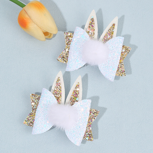 Pinces à cheveux en couches de 3 pouces pour le jour de Pâques, lapin de Pâques pom à paillettes pour bébé fille, 2 pièces - Product Image 2