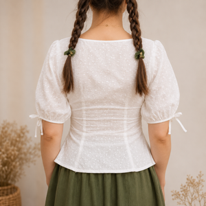 Wholesale Women's White Dot Print Cotton Blouse With <b>Balloon</b> Sleeves V-Neck Ruffles Prairie Chic Style Spring Summer Casual Top - Product Image 5