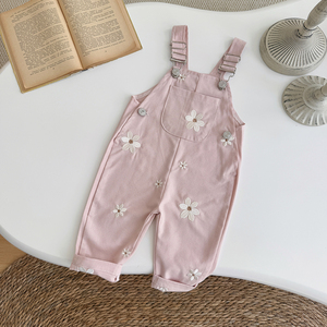 Overall Denim Motif Bunga Bordir Musim Panas 2025 untuk Bayi dan Anak Kecil, Overall Kasual Versi Korea untuk Bayi - Product Image 4