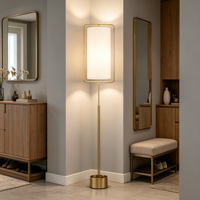 Lampe sur pied rectangulaire moderne en métal doré avec abat-jour cylindrique en tissu blanc pour salon et chambre à coucher