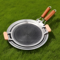 Plaque de cuisson coréenne antiadhésive en nid d'abeille, en acier inoxydable 316, ronde, avec poignée en bois pliable pour le camping en plein air