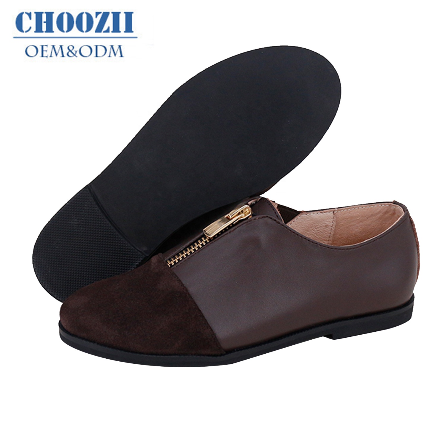 Оптовая продажа, новый дизайн, коричневая кожаная обувь Choozii с натуральным лицевым покрытием + Бархатная ткань, обувь на плоской подошве, обувь с золотой молнией