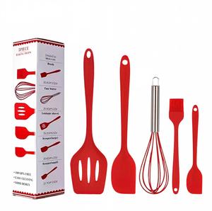 Ensemble de 5 <span class=keywords><strong>ustensiles</strong></span> de cuisson en silicone rouge résistants à la chaleur, spatule antiadhésive, fouet, pince à bords, spatule ajourée, <span class=keywords><strong>ustensiles</strong></span> de cuisine - Product Image 1