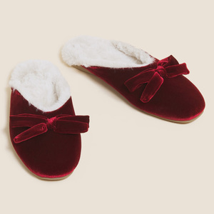Pantoufles pour femmes de style rétro, pour l'intérieur et l'extérieur, avec doublure moelleuse et joli nœud, pantoufles en velours - Product Image 4