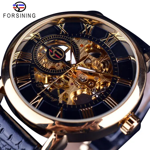 Forsining Men Design Hollow Engraving Black Gold Case Leather Skeleton Mechanical Watches Men Luxury Watch Clock Heren Horloge