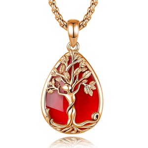 Joyería Espiritual al <span class=keywords><strong>por</strong></span> Mayor, Collar con Colgante de Árbol de la Vida en Cobre Chapado en <span class=keywords><strong>Oro</strong></span> Rosa de 18K con Incrustaciones de Piedra Roja en Forma de Lágrima - Product Image 1