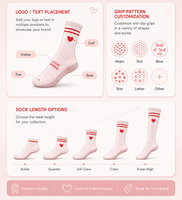 Chaussettes de Pilates antidérapantes à logo personnalisé, motif cœur rose, double bordure rayée rouge, pour femmes, yoga, fitness