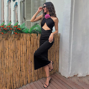 Halter Neck Backless Bodycon Dress Long <b>Skirt</b> Natural Waistline Breathable Floral <b>Patchwork</b> Evening Dress - Product Image 2